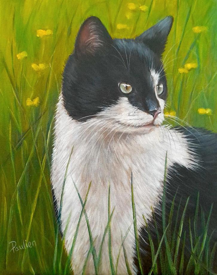 OPRUIMING schilderij kat in gras - eigen werk - katten katje, Huis en Inrichting, Woonaccessoires | Schilderijen, Tekeningen en Foto's