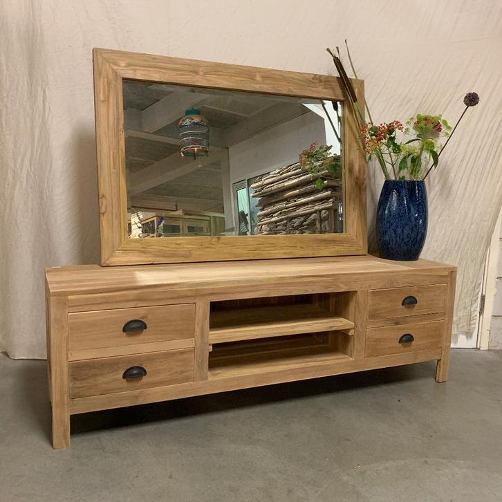TV-meubel - massief teak - 160 cm breed - 4 lades -TTM Wonen, Huis en Inrichting, Kasten | Televisiemeubels, Nieuw, Minder dan 100 cm