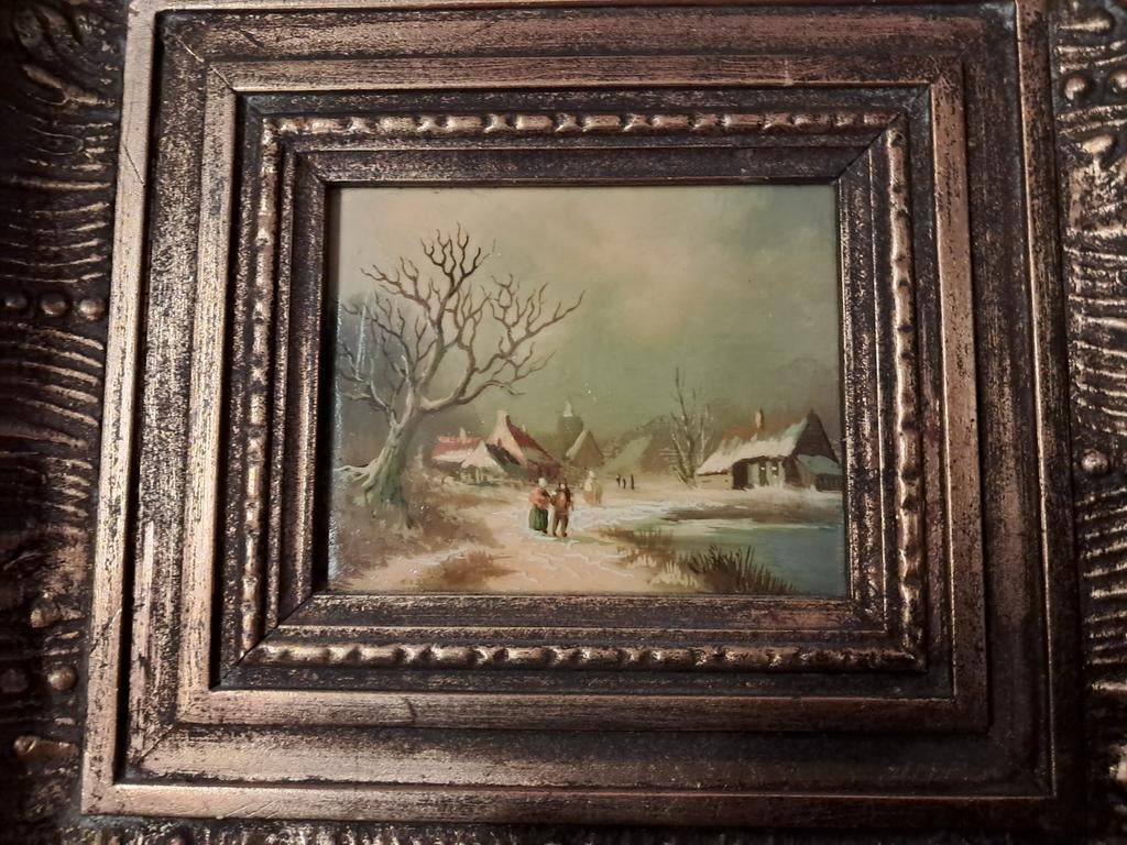 Klein olieverf schilderij winterlandschap, Antiek en Kunst, Ophalen of Verzenden