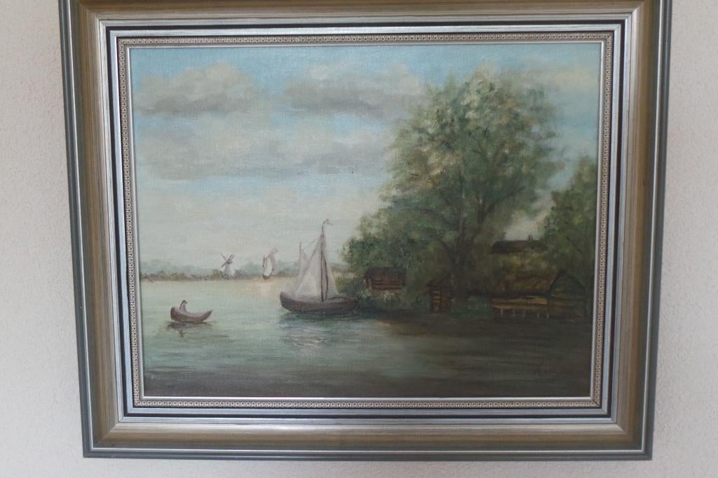 Olieverfschilderij F. Vos ; Kijk op water, Antiek en Kunst, Kunst | Schilderijen | Klassiek, Ophalen