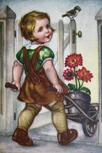 MEISJE met kruiwagen - bloemen, Verzamelen, Verzenden, 1920 tot 1940, Gelopen, Kinderen