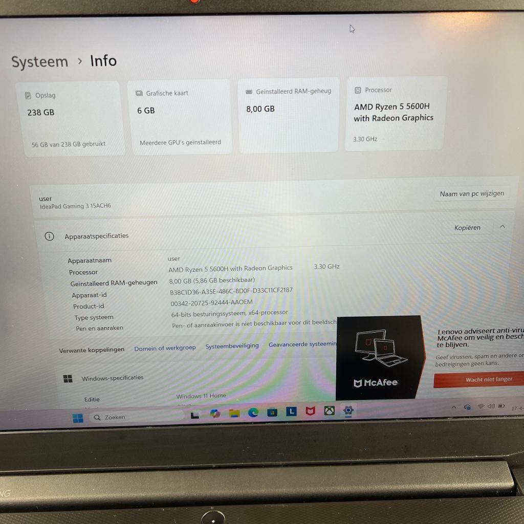 Lenovo Ideapad Gaming 3 AMD Ryzen 5 | 8GB | 256GB | 402494, Met videokaart, 2 tot 3 Ghz, Lenovo IdeaPad Gaming 3, Gaming