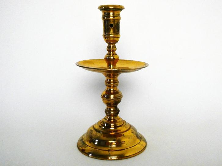 Hollandse messing kraagkandelaar kandelaar schijfkandelaar, Antiek en Kunst, Antiek | Kandelaars, Koper of Brons, Ophalen of Verzenden