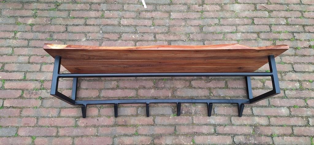 Industriële kapstok zwart met acacia houten plank, Wandkapstok, 100 tot 150 cm, Ophalen of Verzenden, Zo goed als nieuw