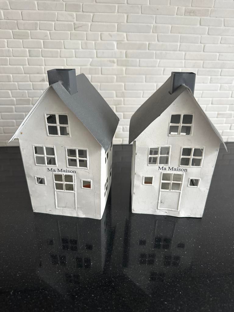 Riviera Maison huisjes voor kaarsjes - Set van 2, Gebruikt, Wit, Ophalen of Verzenden, Metaal