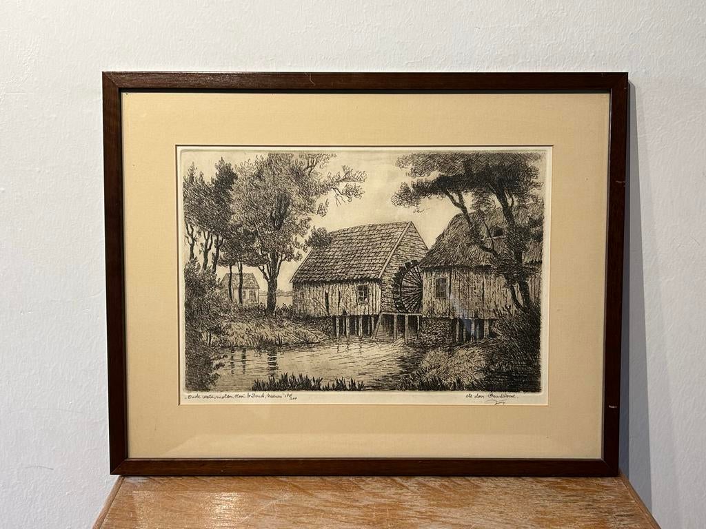 Gesigneerde ets Collse watermolen Nuenen - Cor van der Woerd, Antiek en Kunst, Kunst | Etsen en Gravures, Ophalen of Verzenden