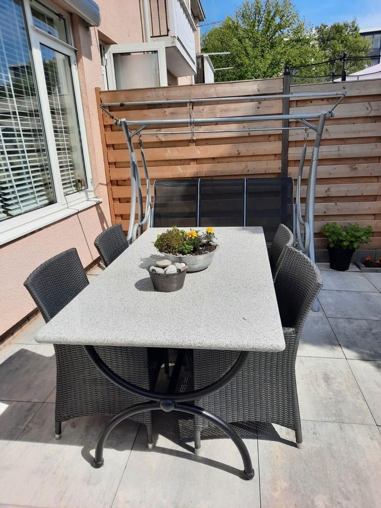 Granieten tuintafel met 4 stoelen, Ophalen, Gebruikt, Tuinset, Eettafel