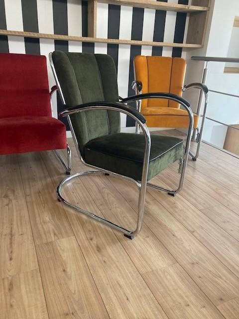 Gispen 412 fauteuil, chroom, nieuwe mosgroene ribstof, Design, 75 tot 100 cm, Zo goed als nieuw, Stof