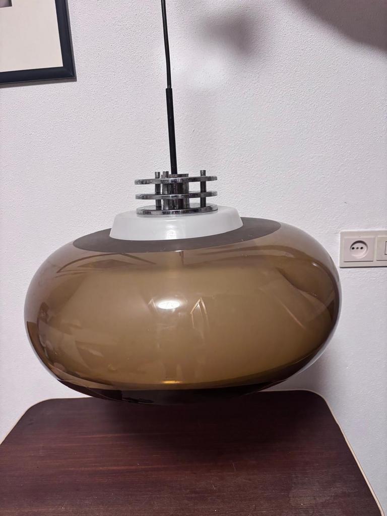 Vintage space age hanglamp in bruin perspex. Jaren '70, Huis en Inrichting, Lampen | Hanglampen, Overige materialen, Gebruikt