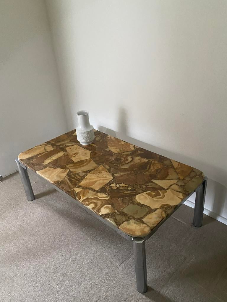 Marmer onyx salontafel met chroom, Huis en Inrichting, Gebruikt, 100 tot 150 cm, Minder dan 50 cm, Rechthoekig