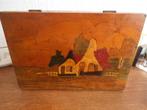 Vintage houten doos met gebrandschilderd  tafereel, Ophalen of Verzenden