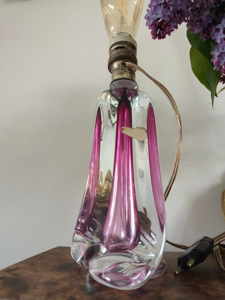 Vintage kristallen tafellamp in roze en helder glas, VSL, Ophalen of Verzenden