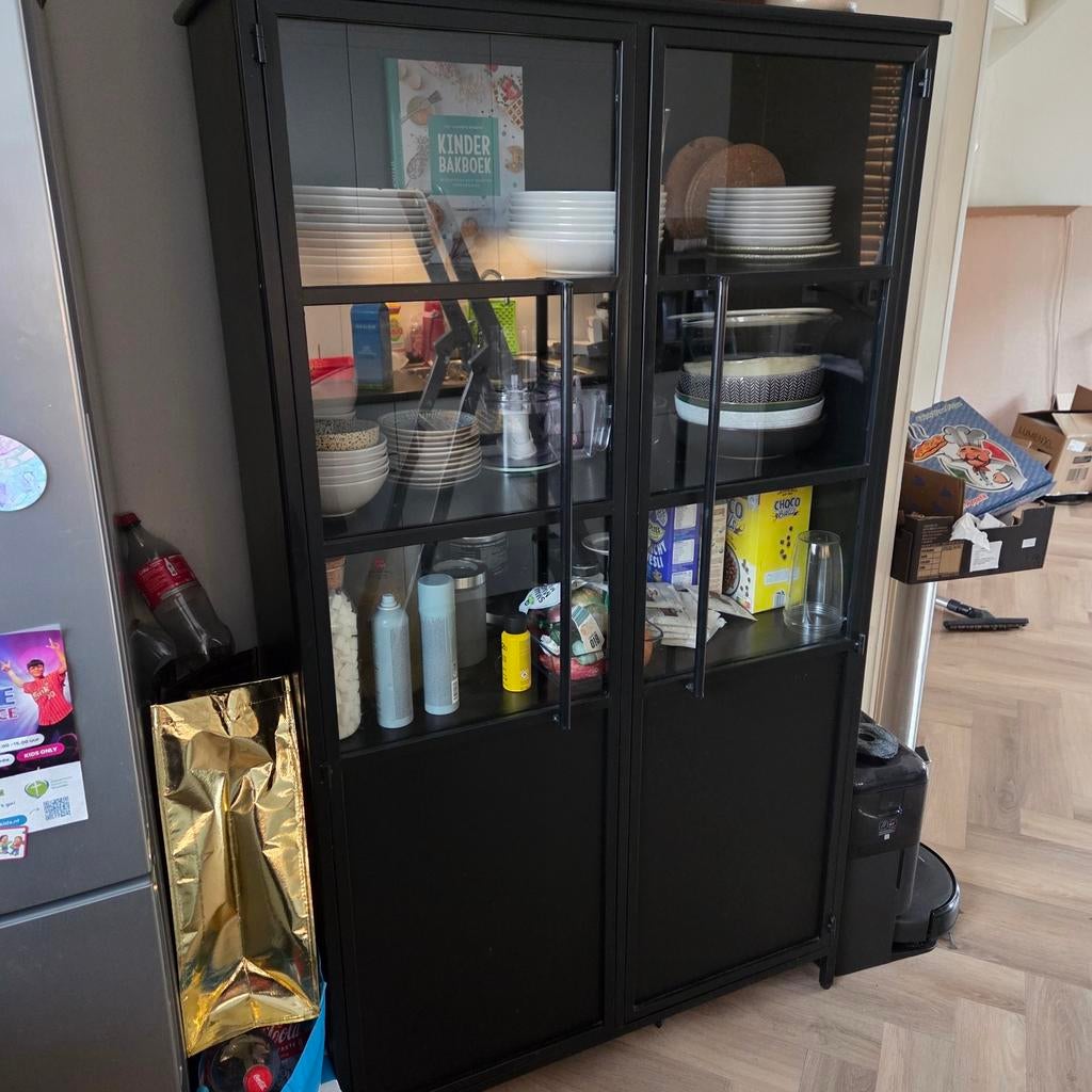 Woood vitrinekast zwart metaal, Ophalen, 50 tot 100 cm, Metaal, 150 tot 200 cm