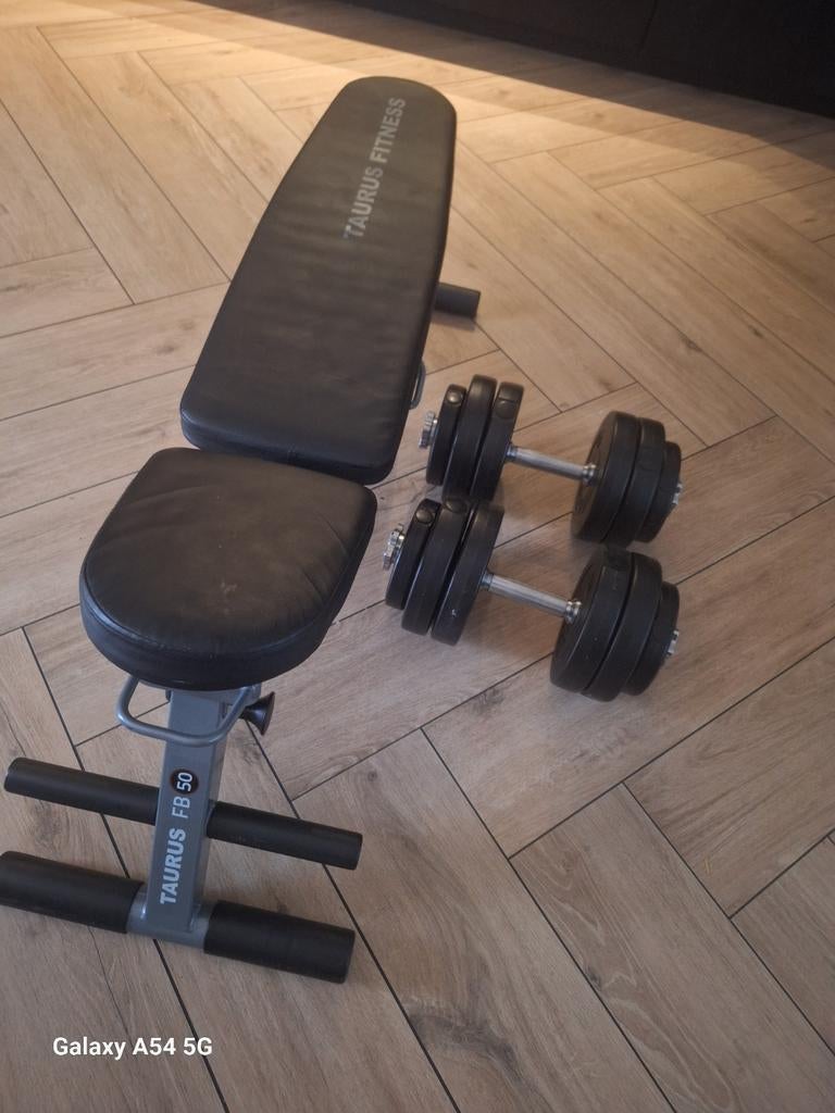 Taurus fitness bankje en 2x halters  15kg per stuk, Ophalen