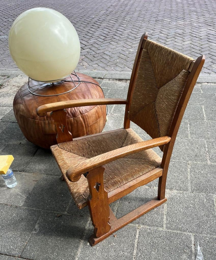 Modernist Brutalist fauteuil stoel armchair riet eiken '50, Antiek en Kunst, Ophalen