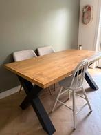 Handgemaakt Industriële massief houten eettafel met X-poten, Huis en Inrichting, Tafels | Eettafels, Zo goed als nieuw, Vijf personen of meer