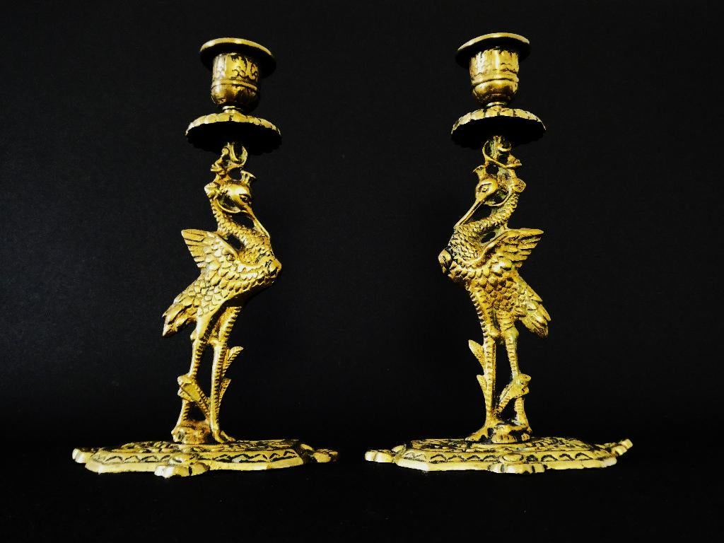 2 Messing kraanvogel kandelaars kandelaar met vogel ooievaar, Ophalen of Verzenden, Koper of Brons