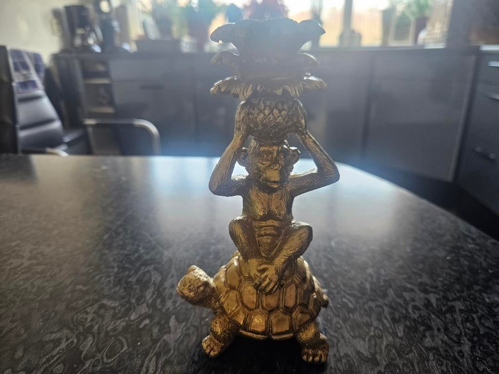 Gouden Kaarsenhouder 17cm - Aap op Schildpad Design, Gebruikt, Overige kleuren, Ophalen of Verzenden, Goud