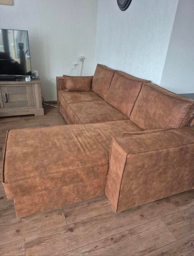 Mooie 3-zits loungebank zgan, cognackleur, opbergruimte, Huis en Inrichting, Ophalen, Zo goed als nieuw, Stof