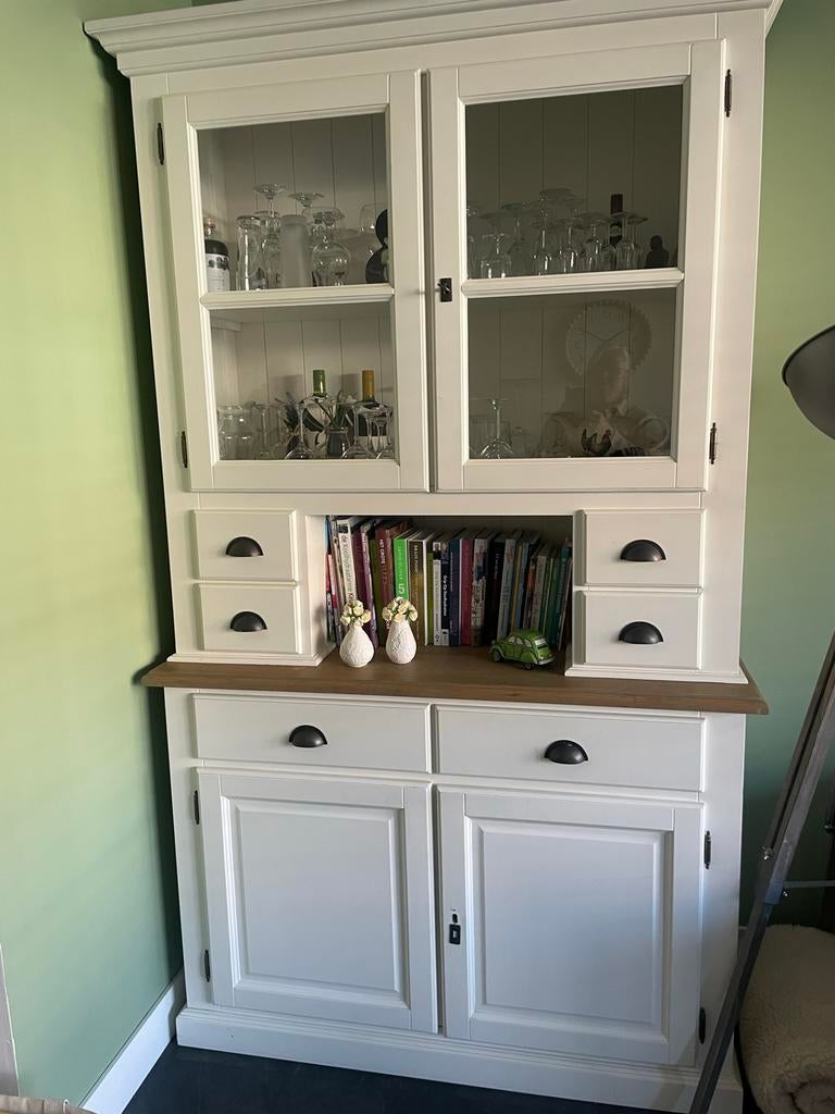 Witte Vitrinekast met Glazen Deuren en Lades, Huis en Inrichting, Kasten | Vitrinekasten, Ophalen, Gebruikt, 100 tot 150 cm, 200 cm of meer