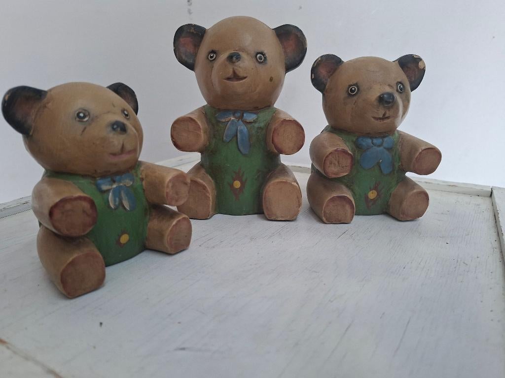 set van 3 houten handgemaakte beren beelden, Antiek en Kunst, Ophalen of Verzenden, Houtsnijwerk