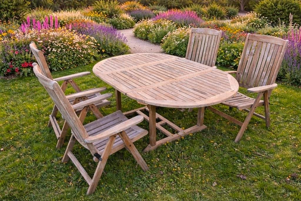 Teakhouten tuinset - verlengbare tafel en 4 stoelen, Ophalen, 4 zitplaatsen, Teakhout, Zo goed als nieuw