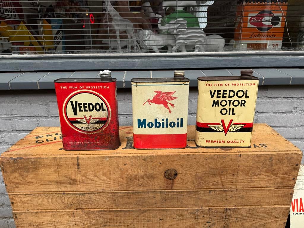 Vintage Olieblikken: Veedol & Mobiloil Collectie, Verzamelen, Ophalen, Gebruikt, ., Verpakking