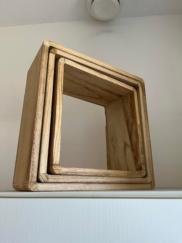 Set van 3 houten wandkastjes / kubussen, Huis en Inrichting, Kasten | Wandmeubels, Met plank(en), Gebruikt, Ophalen of Verzenden