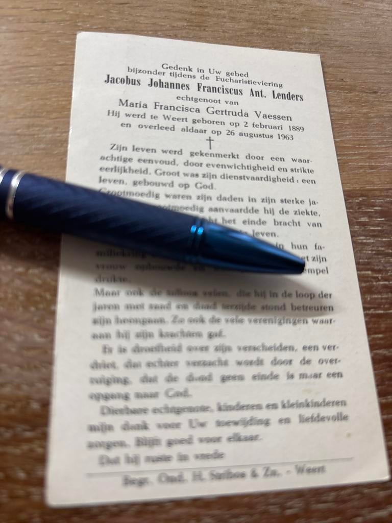 Lenders Jacobus 1889 Weert 1963 x Vaessen - 29683, Verzamelen, Bidprentjes en Rouwkaarten, Bidprentje, Ophalen of Verzenden
