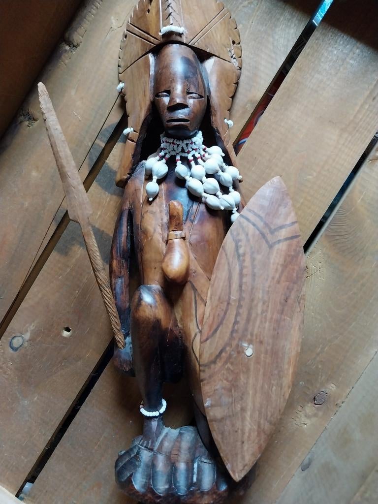 Vintage Afrikaans Houten Beeld - Krijger met Schild en Speer, Antiek en Kunst, Kunst | Niet-Westerse kunst, Ophalen of Verzenden