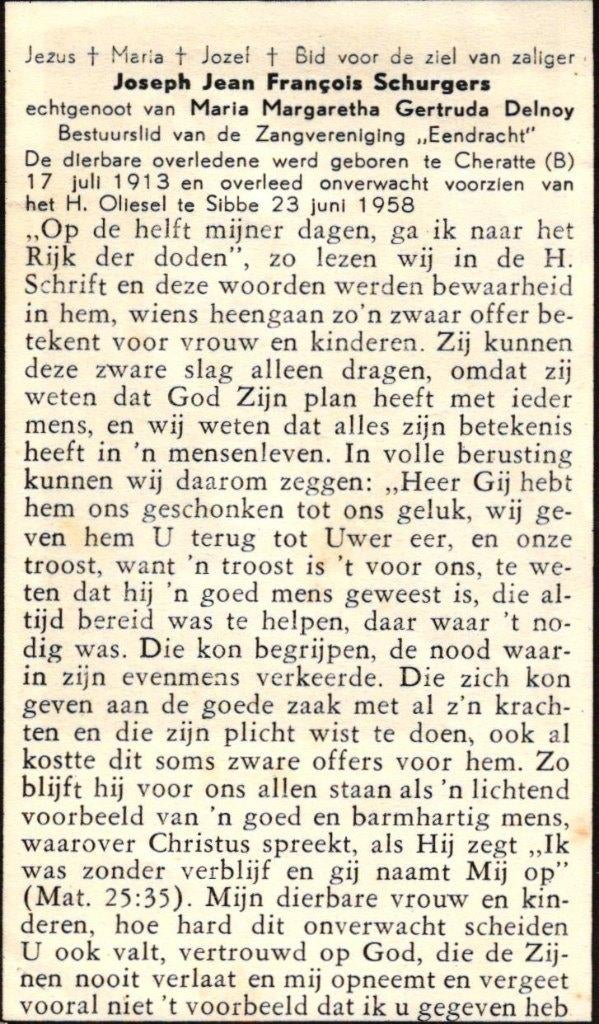Schurgers Joseph Jean Fr. Cheratte (B) 1913-1958 Sibbe, Ophalen of Verzenden
