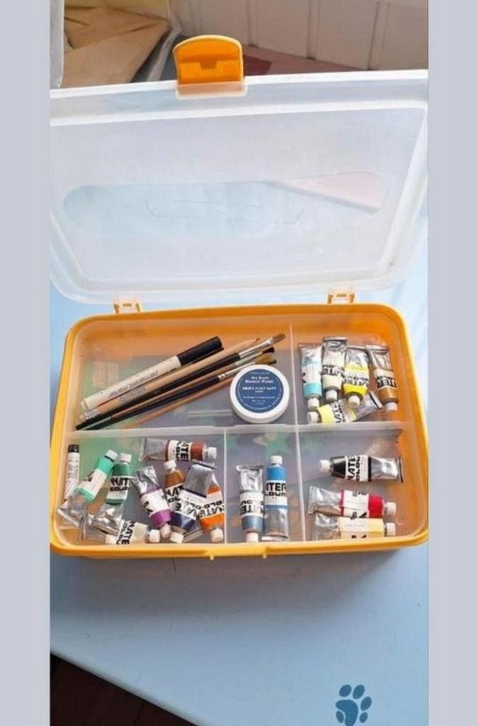 Bak met sjablonen en schilderspullen, Hobby en Vrije tijd, Schilderen, Ophalen, Gebruikt, Overige typen