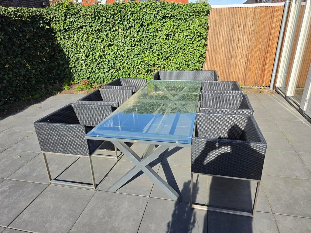 Tuinset met glazen tafel en 6 stoelen + bijpassend bankje, Tuin en Terras, Tuinsets en Loungesets, Ophalen, Gebruikt, Bank, 8 zitplaatsen
