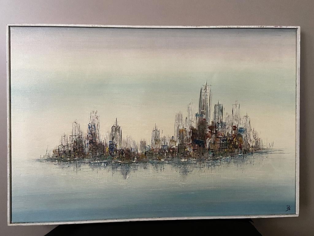 Schilderij Aquarel Skyline 61 cm, Antiek en Kunst, Ophalen