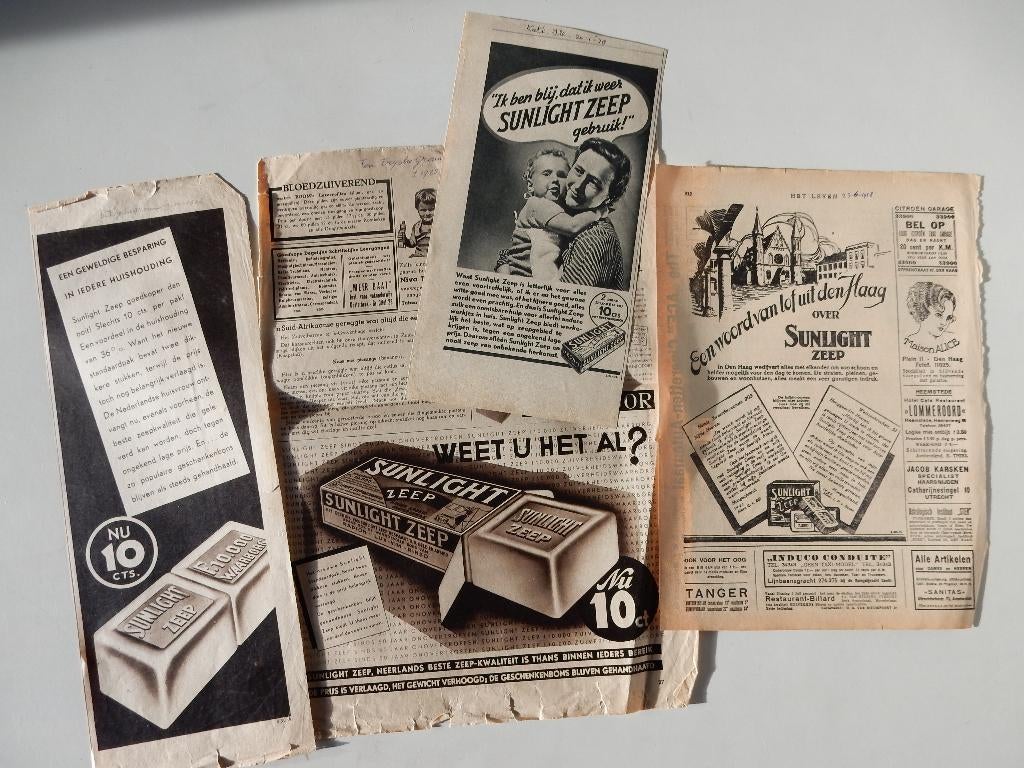 Sunlight zeep reclame uit oude tijdschriften (1928-1936-38), Ophalen of Verzenden, 1920 tot 1940, Nederland, Knipsel(s)