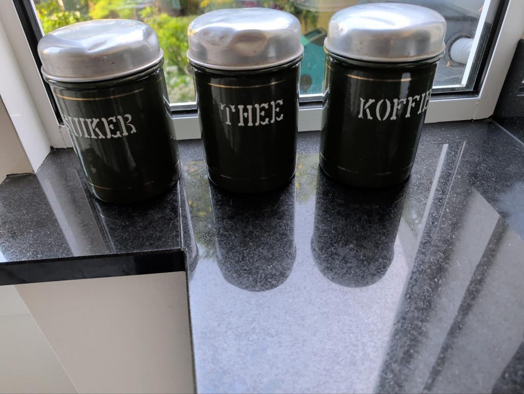Vintage voorraadpotten: Suiker, Thee, Koffie, Ophalen of Verzenden, Voorraadpot, Metaal, Overige merken