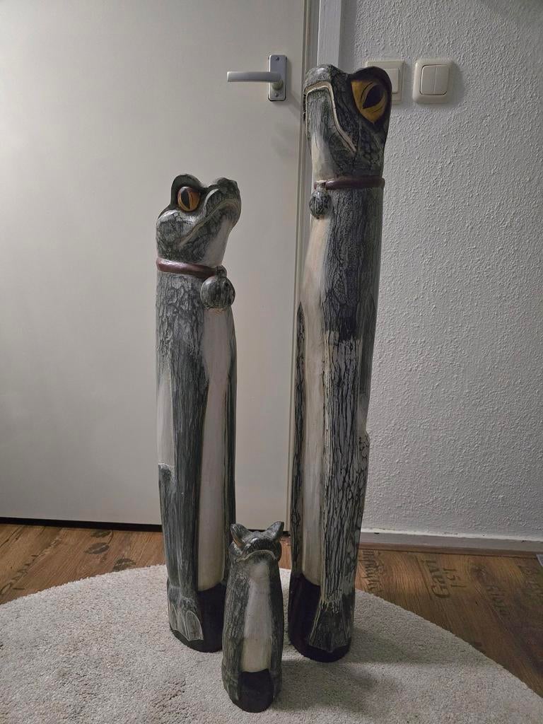 3 Houten Kikkers, Ophalen of Verzenden, Zo goed als nieuw, Reptiel of Amfibie, Beeldje of Figuurtje