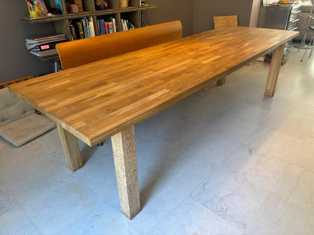grote massief eikenhouten tafel 280 x 90 cm, Ophalen, Gebruikt, Eikenhout, 200 cm of meer