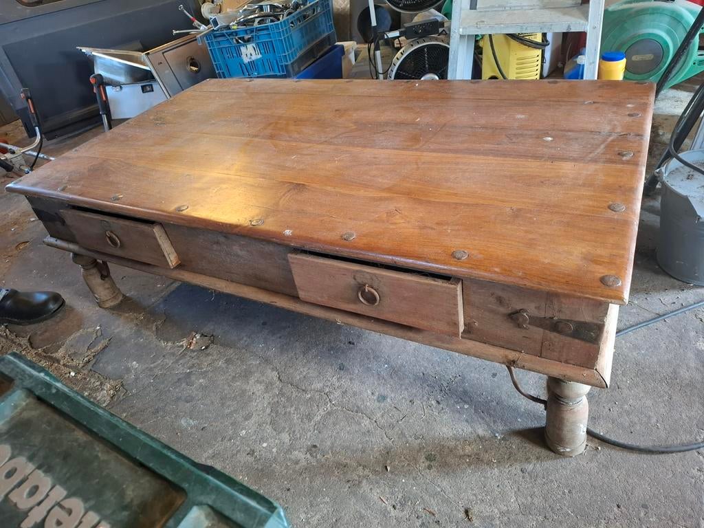 Antieke houten salontafel met lades, Gebruikt, 100 tot 150 cm, 50 tot 100 cm, Minder dan 50 cm