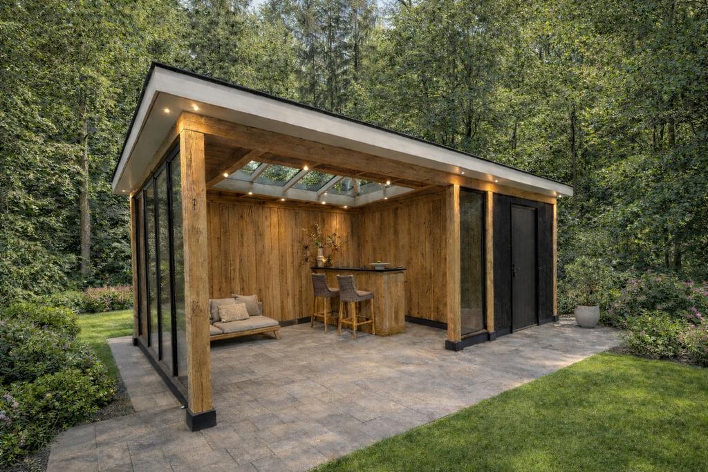 Luxe Eiken Tuinkamer met Berging, Lichtstraat & Steellook, Tuin en Terras, Ophalen, Nieuw, Hout, Tuinhuis