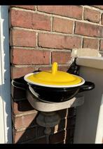 Oud geel met zwart emaille pannetje met 2 oren & deksel. Pan, Ophalen of Verzenden