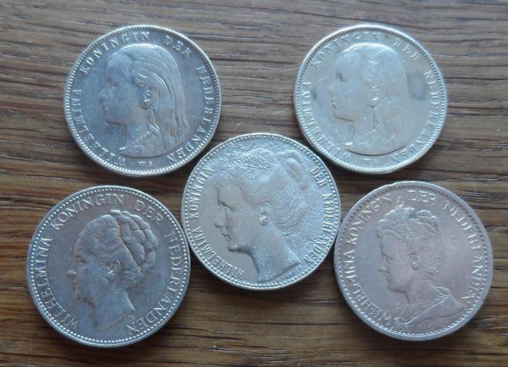 Nederland Wilhelmina, gulden, 1892, 1897, 1907, 1913 en 1922, Postzegels en Munten, Munten | Nederland, Setje, 1 gulden, Koningin Wilhelmina