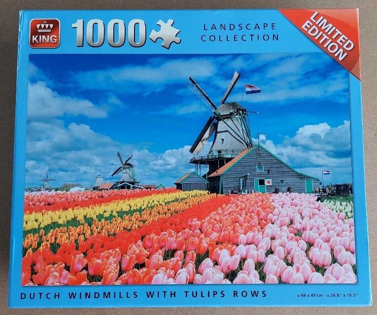 pu. KING puzzel MOLEN MET RIJEN TULPEN - 1000 stukjes, Ophalen of Verzenden, 500 t/m 1500 stukjes, Zo goed als nieuw, Legpuzzel