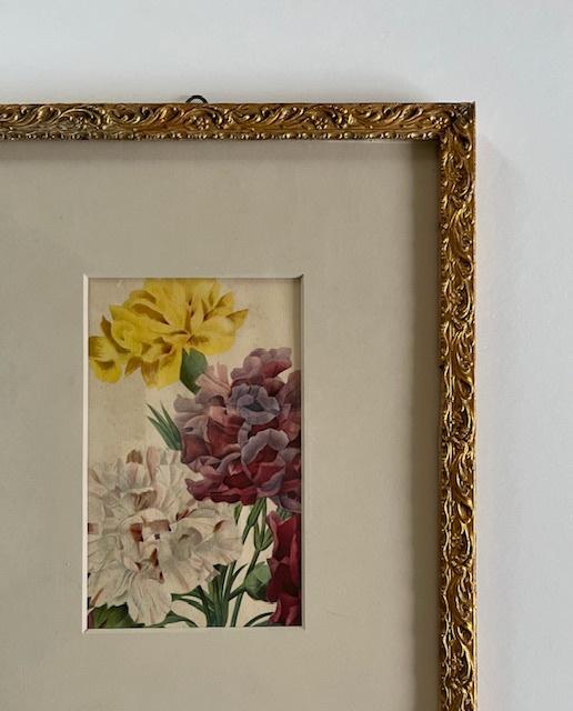 Antieke Franse vergulde houten lijst met afbeelding anjers, Ophalen of Verzenden