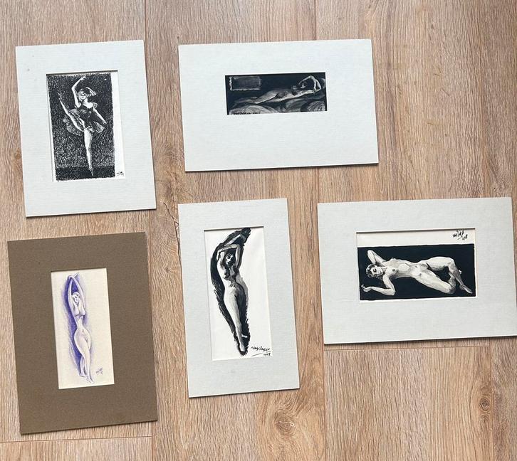 Naakten en danseres. Diverse technieken, Antiek en Kunst, Kunst | Schilderijen | Klassiek, Ophalen of Verzenden