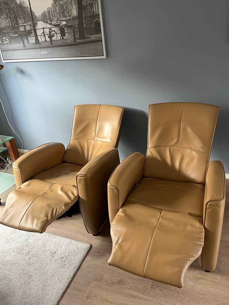 Leren relaxfauteuils beige, Huis en Inrichting, Stoelen, Gebruikt, Twee, Overige kleuren, Leer