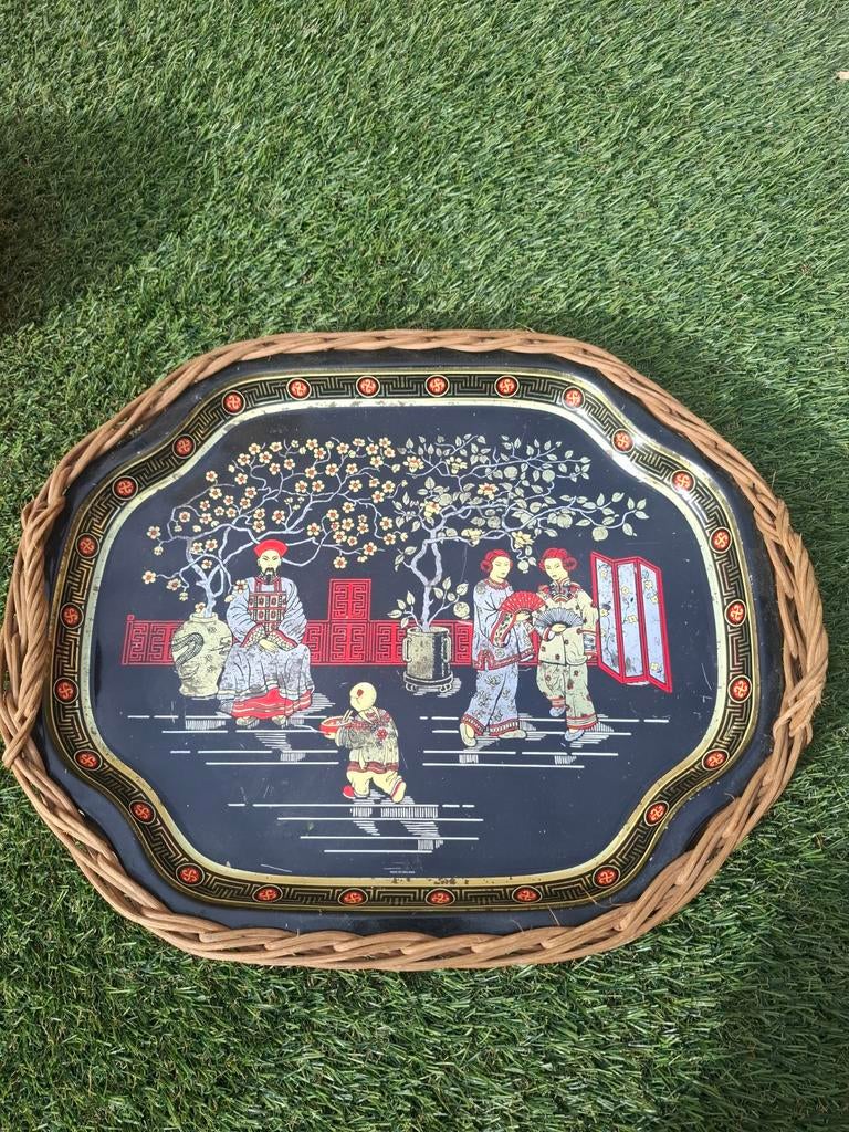 Ovale rieten dienblad met Chinese afbeelding, Ophalen of Verzenden