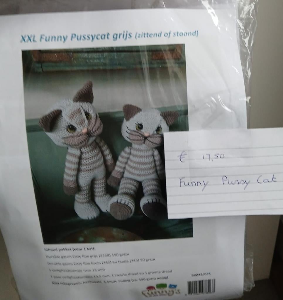 [NIEUW] XXL Funny Pussycat grijs haakpakket (3 stuks), Ophalen of Verzenden, Nieuw, Haken