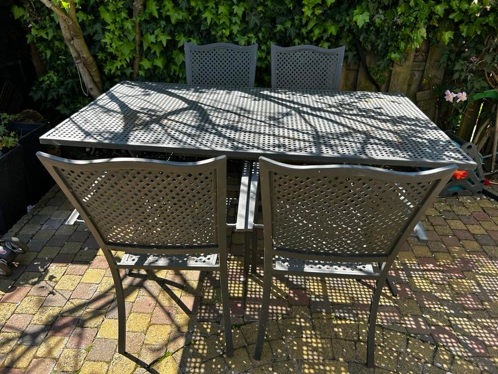 Brocante antraciet grijs Tuinset tafel met 4 stoelen, Ophalen, Gebruikt, Kunststof