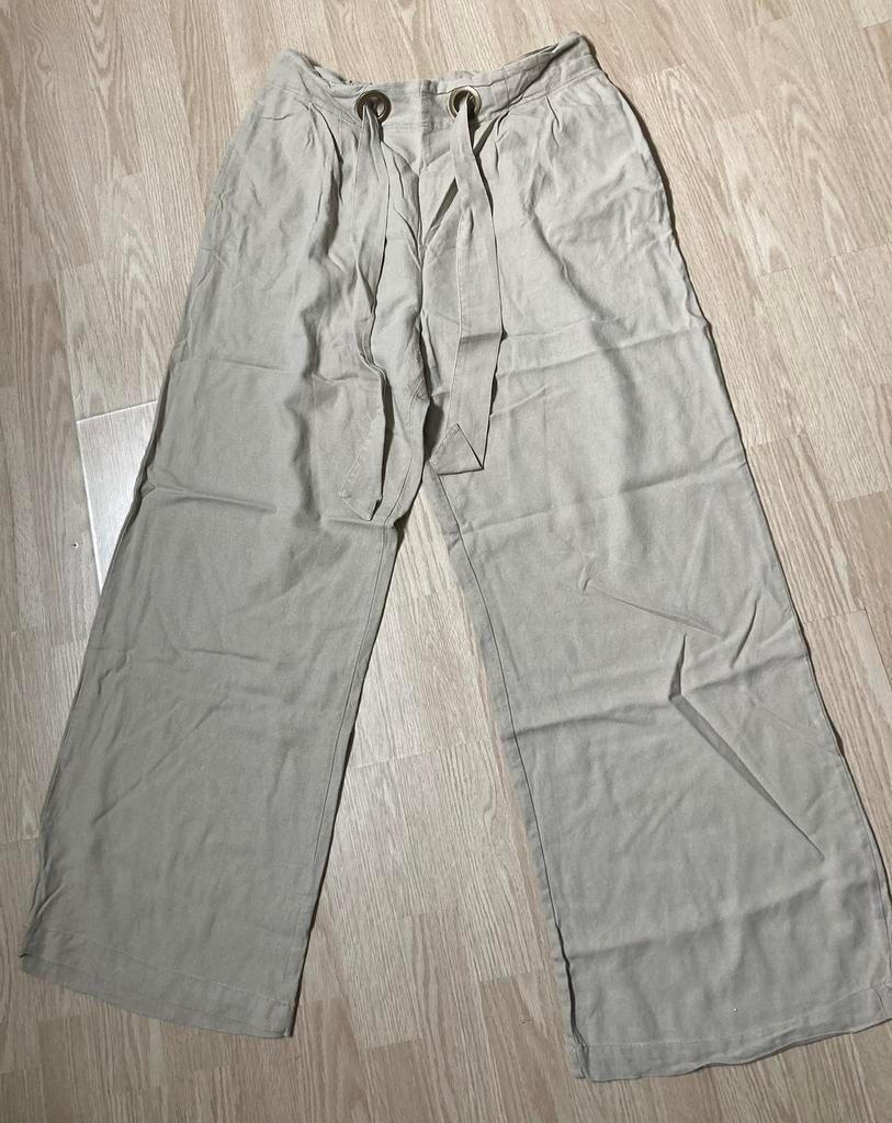 2x Geisha broek effen/krijtstreep linnen camel ecru 40 L igs, Ophalen of Verzenden, Zo goed als nieuw, Maat 42/44 (L), Lang